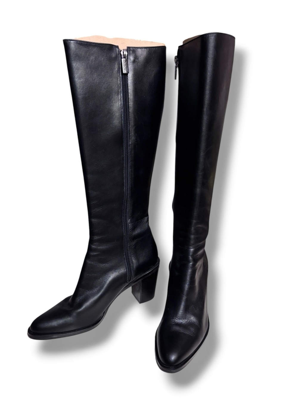 ENZO ANGIOLINI Black Leather Side Zip Block Heel Knee Boots Helmer Size 7.5